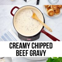 Composite image - top photo is ingredients for creamy chipped beef gravy (dried beef slices, milk, bouillon, butter, flour, cayenne pepper, and water for soaking); middle is a skillet of creamy chipped beef gravy beside a plate of biscuits; bottom is a a plate of creamy chipped beef gravy over two biscuit halves with a fork and text Creamy Chipped Beef Gravy.
