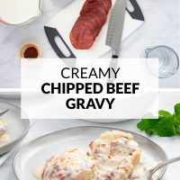 Composite image - top photo is ingredients for creamy chipped beef gravy (dried beef slices, milk, bouillon, butter, flour, cayenne pepper, and water for soaking); bottom is a a plate of creamy chipped beef gravy over two biscuit halves with a fork and text Creamy Chipped Beef Gravy.