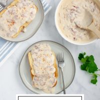Two plates of creamy chipped beef gravy over toast with forks beside a bowl of the gravy with a wooden spoon and text Creamy Dried Beef & Gravy.