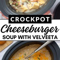 Composite image - top is ingredients for cheeseburger soup in crockpot before cooking (chunks of Velveeta, cooked ground beef, frozen hash browns, milk, potatoes, carrots, onions) before cooking; bottom is cooked soup in crockpot garnished with shredded cheddar cheese and strips of fresh basil with text Crockpot cheeseburger soup with velveeta (uses frozen diced potatoes).