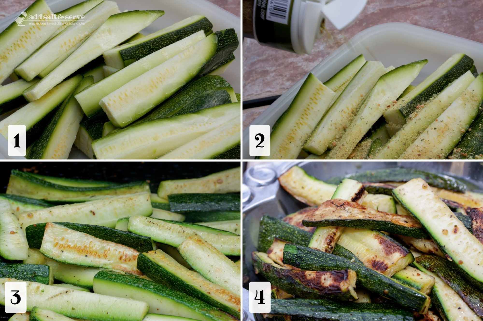 Composite image: 1- sliced zucchini in a plastic container; 2- sliced zucchini being seasoned with seasoning salt; 3- partially cooked zucchini on a grill; 4- cooked grilled zucchini slices in a pewter serving bowl.