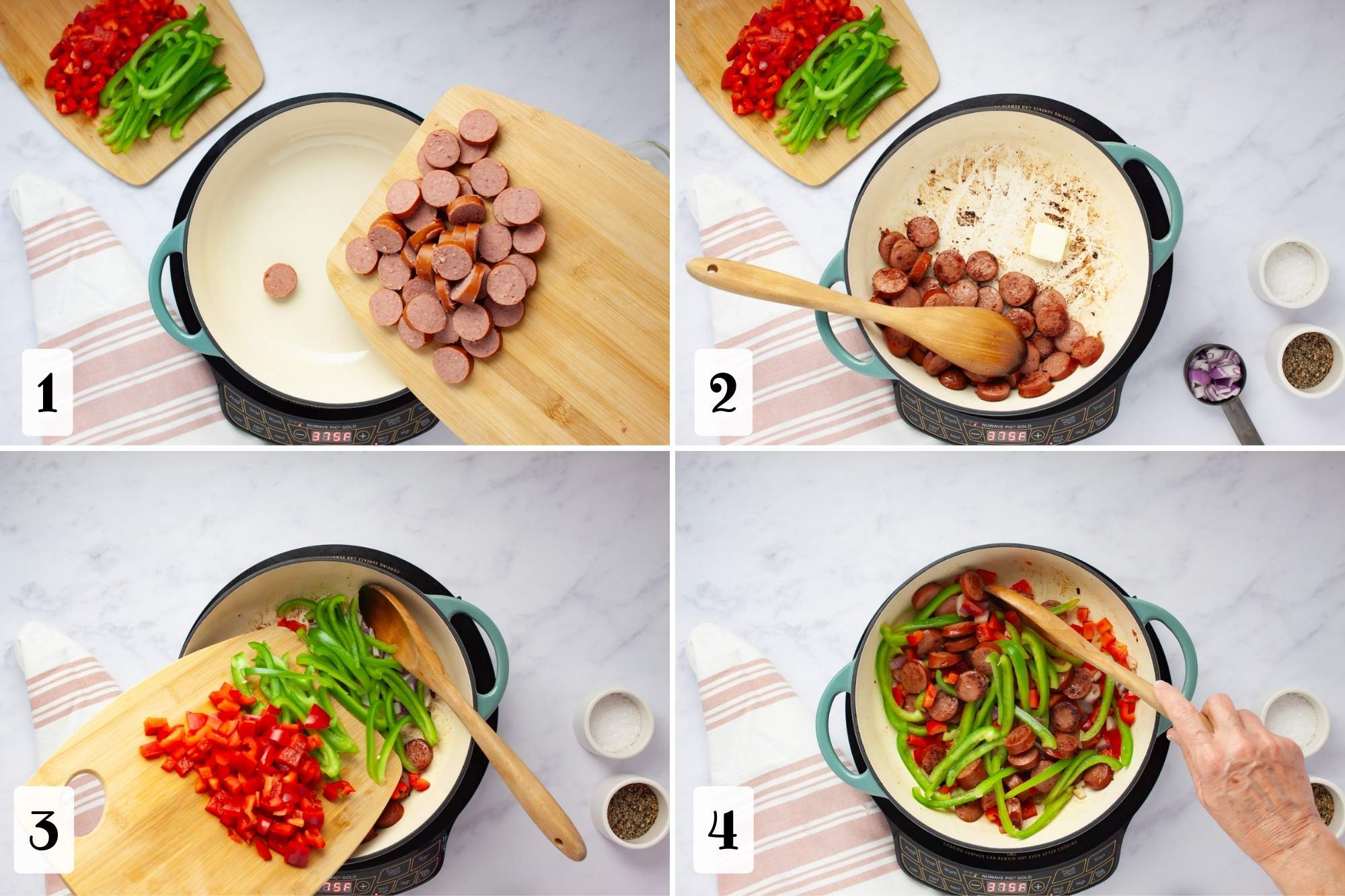 Composite image: 1- sliced kielbasa on a cutting board being put into a pan; 2- cooked sliced kielbasa pushed to the side of a pan with a wooden spoon with a pat of butter beside it; 3- red and green bell peppers being added to red onion and kielbasa in a pan; 4- stirring sliced kielbasa, sliced green bell pepper, chopped red onion, and chopped red bell pepper in a pan.