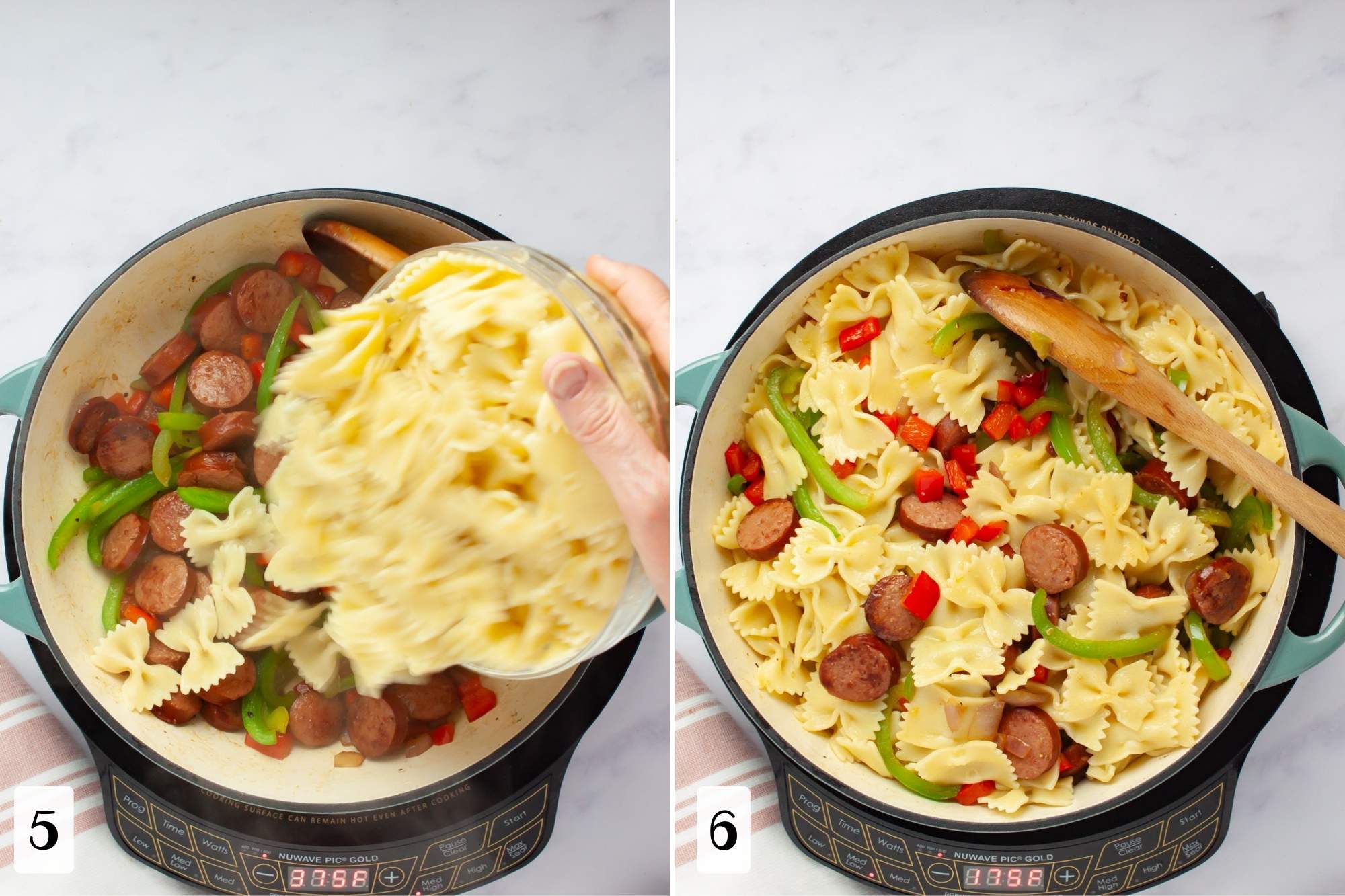 Composite image: 5- adding cooked bowtie pasta to a pan of cooked sliced kielbasa and vegetables; 6- pan with sliced kielbasa, bowtie pasta, and sliced colorful vegetables stirred with a wooden spoon.
