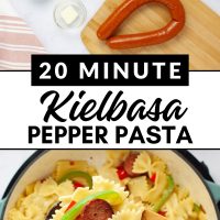 Composite image: Top is Ingredients for Kielbasa Pepper Pasta: bowtie pasta, kielbasa, red pepper, green pepper, red onion, butter, salt, and pepper; bottom is closeup of cooked Kielbasa Pepper Pasta on a wooden spoon held over the skillet.