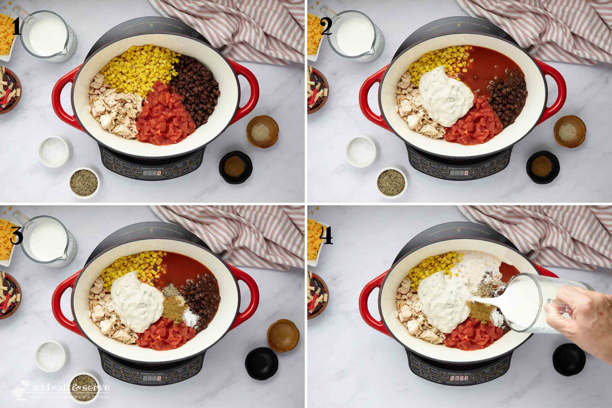 Composite image: 1- Dutch oven containing chopped rotisserie chicken, diced tomatoes, corn, and black beans on an induction plate; 2- same pot after adding cream of mushroom soup and enchilada sauce; 3- same pot after adding seasonings; 4- milk being added to the same pot.