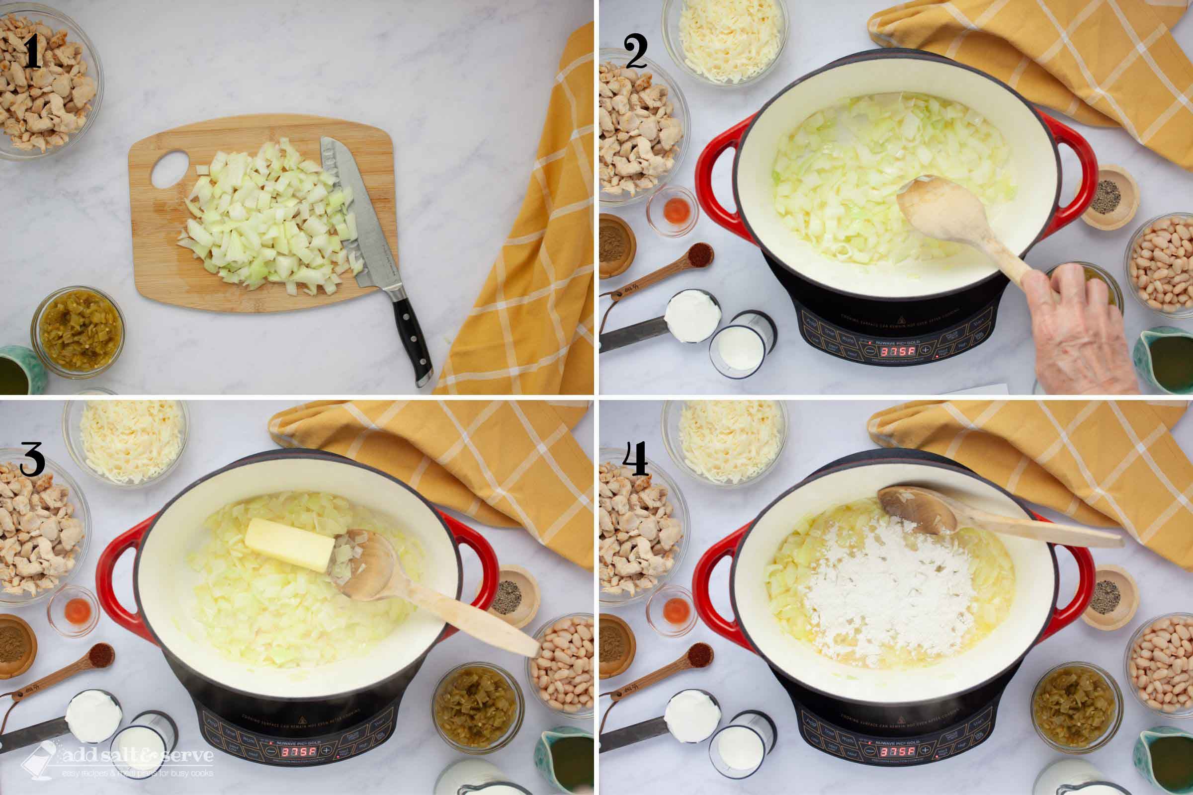 Composite image: 1- chopped onions; 2 - sautéing onions in a soup pot; 3 - adding butter to sautéed onions; 4 - adding flour to pot.