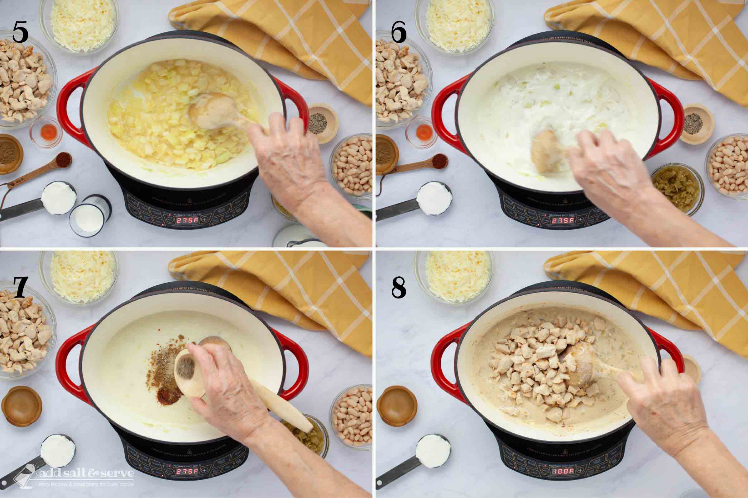 Composite image: 5 - stirring flour into melted butter and onions to make a roux; 6 - adding milk, cream, and broth to roux and stirring; 7 - adding seasonings to soup pot; 8 - adding diced green chiles, beans, and cooked chicken to pot.