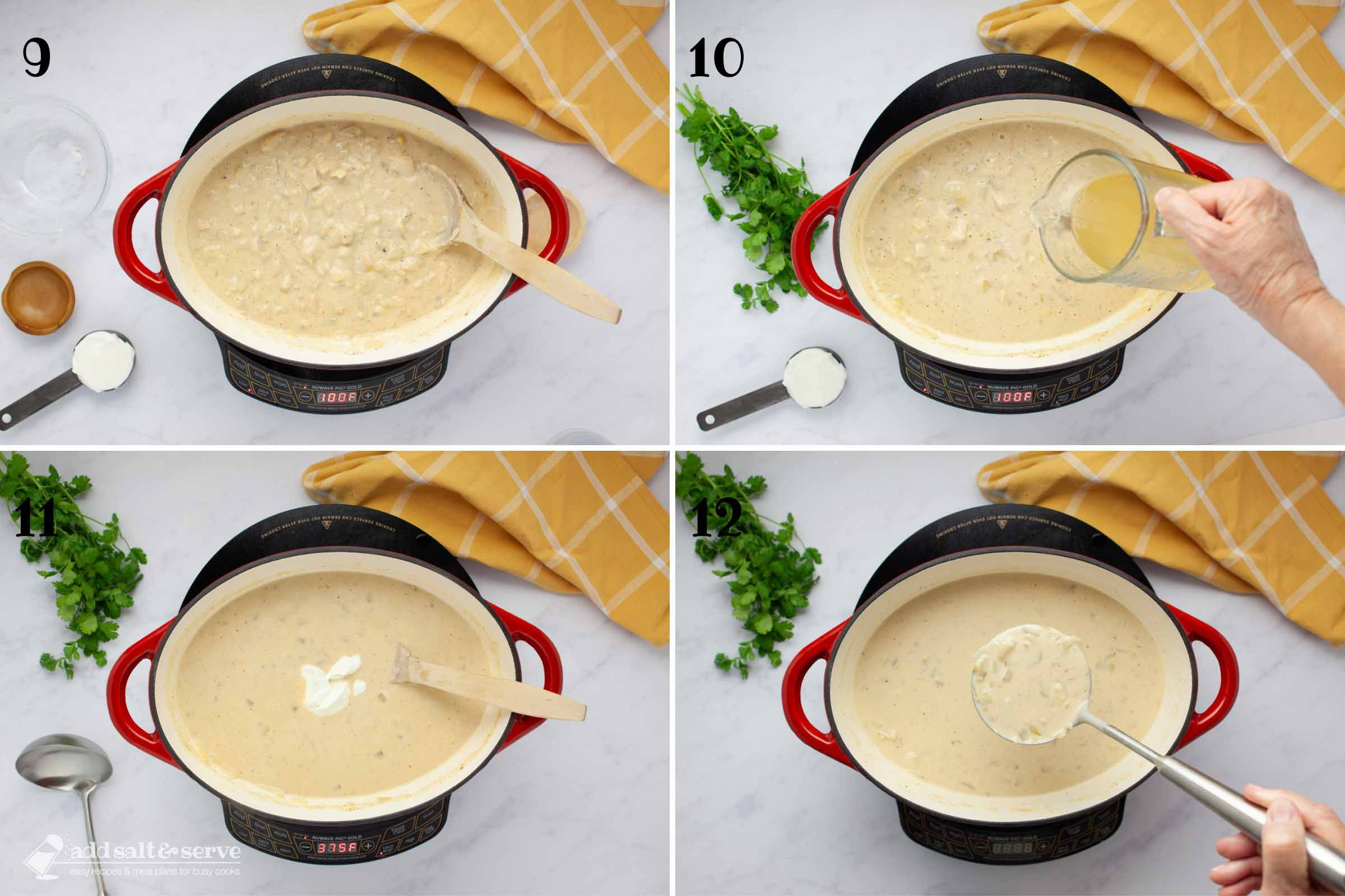 Composite image: 9 - soup pot after stirring in cheese; 10 - adding broth to thin; 11 - adding sour cream; 12 - scooping soup out of pot with a ladle.