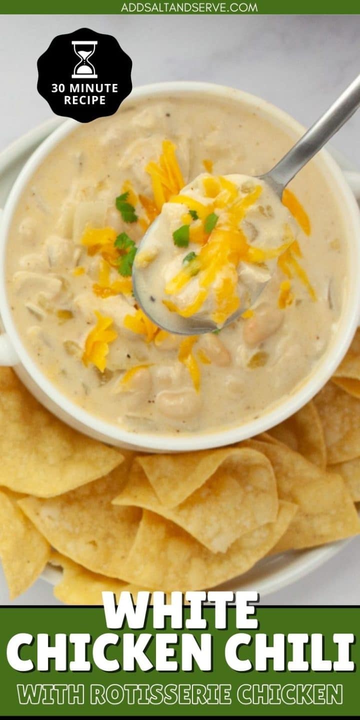 White chicken chili with rotisserie chicken - 30 minute recipe.