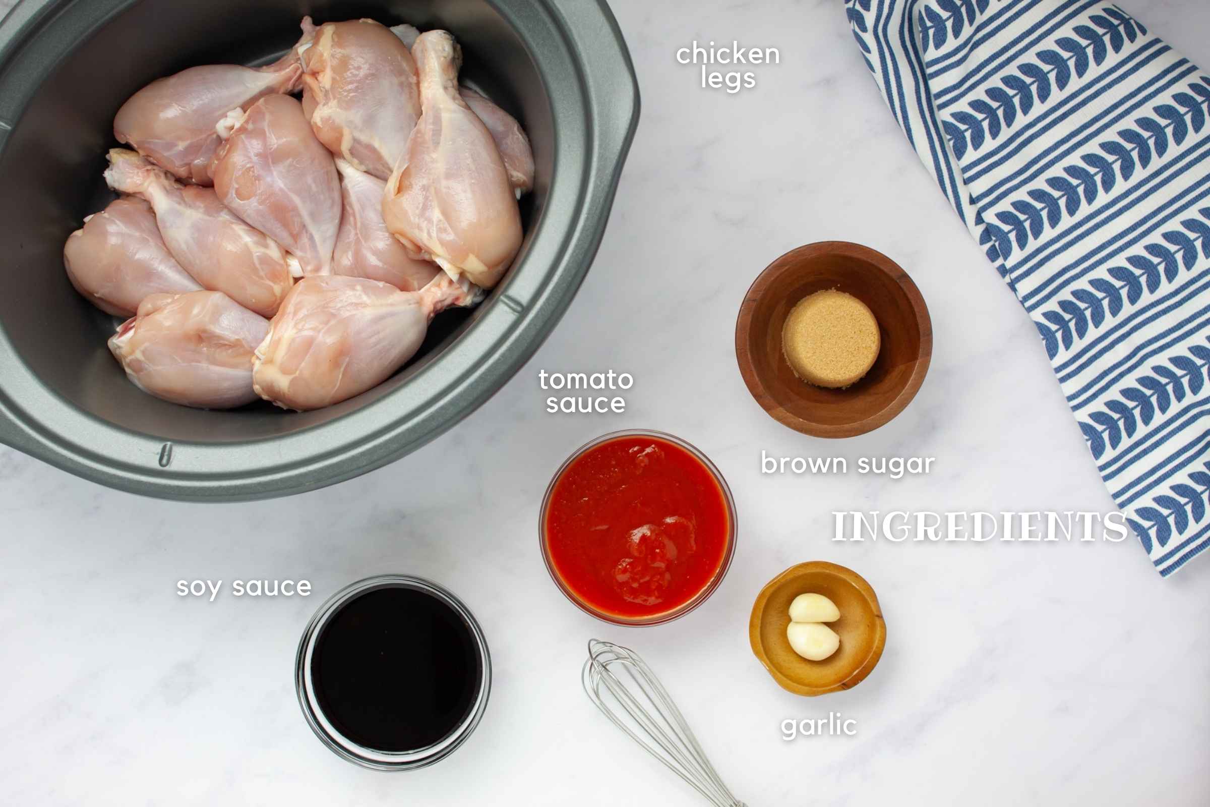 Ingredients for crockpot chicken legs: drumsticks with skin removed, brown sugar, tomato sauce, soy sauce, garlic.