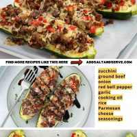 Composite image with 3 photos of baked stuffed zucchini boats for pinning.