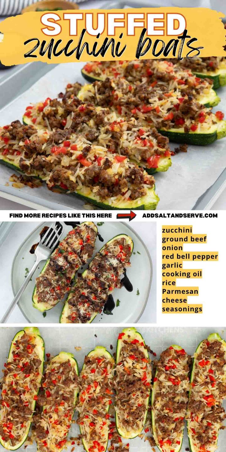 Composite image with 3 photos of baked stuffed zucchini boats for pinning.
