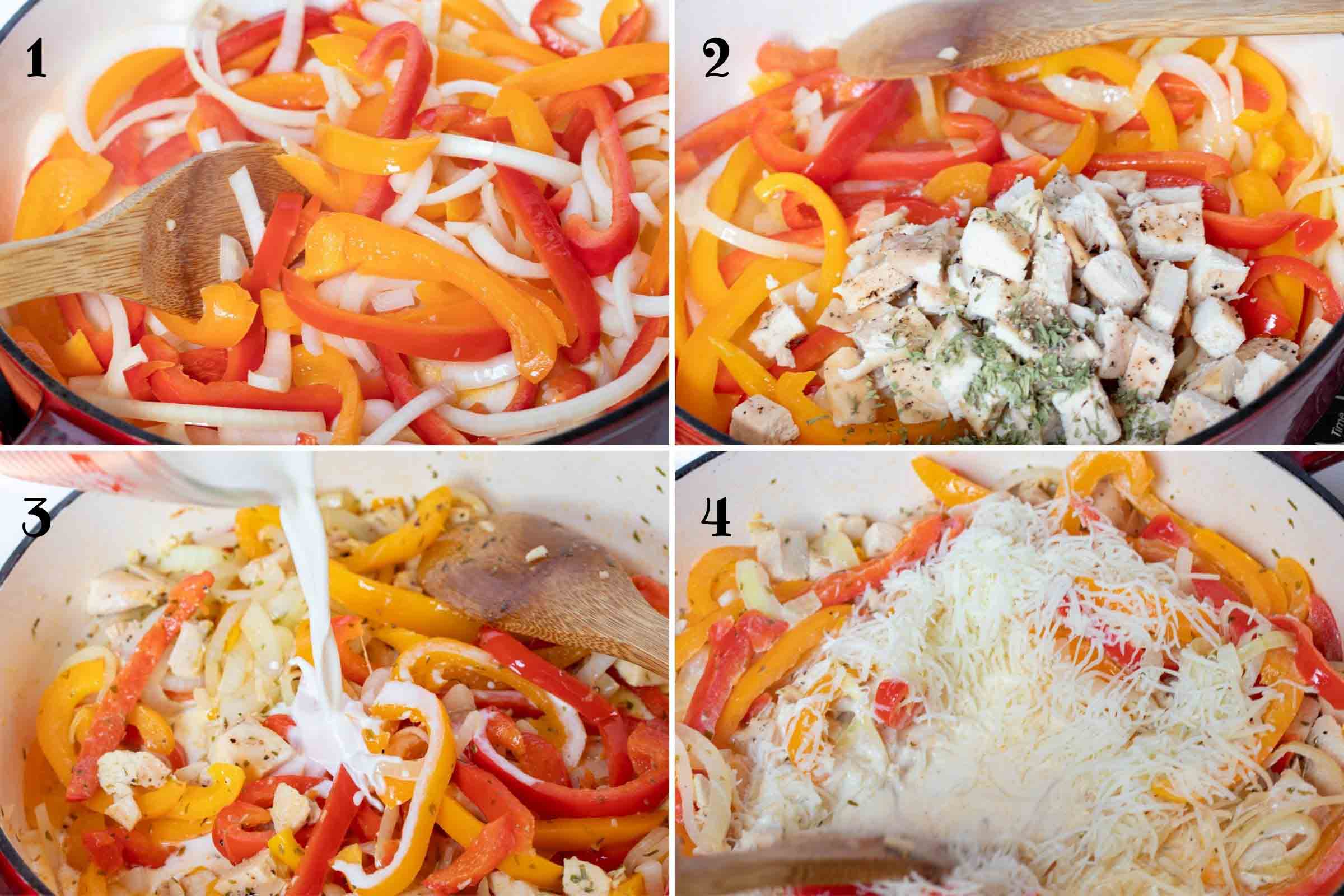 Composite image: 1- sautéing strips of onion and red and yellow bell peppers; 2- peppers and onion after adding cooked chicken and seasonings; 3- adding half and half; 4- adding shredded white cheese.