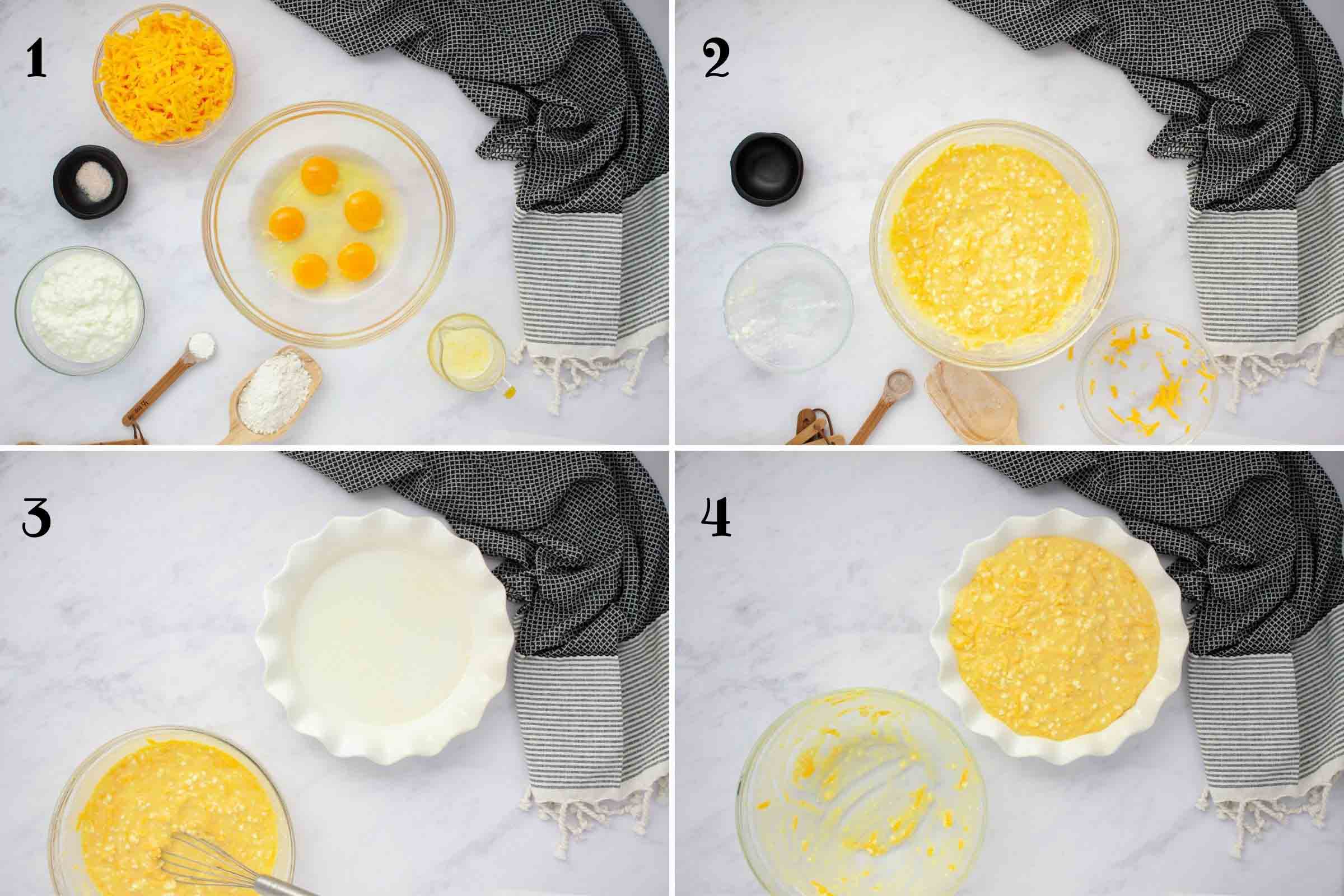 Composite photo: 1- Ingredients to make quiche on a counter: eggs, shredded cheddar cheese, cottage cheese, baking powder, salt, flour, and butter.; 2- all ingredients mixed in a bowl; 3- ingredients in the bowl beside a pie plate sprayed with non-stick spray; 4- ingredients poured into the prepared pie plate.