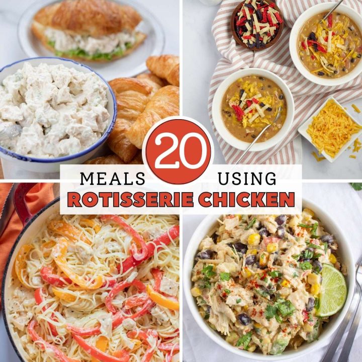 Composite image with photos of 4 recipes and text 20 meals using rotisserie chicken.