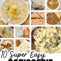 10 super easy rotisserie chicken dinners; photos of chicken enchilada soup, poppy seed chicken, white chicken chili, barbecue chicken pizza, lentil soup, cheddar chicken spaghetti, chicken salad croissants, orzo alfredo, mediterranean chicken and pasta, and chicken and gnocchi soup.