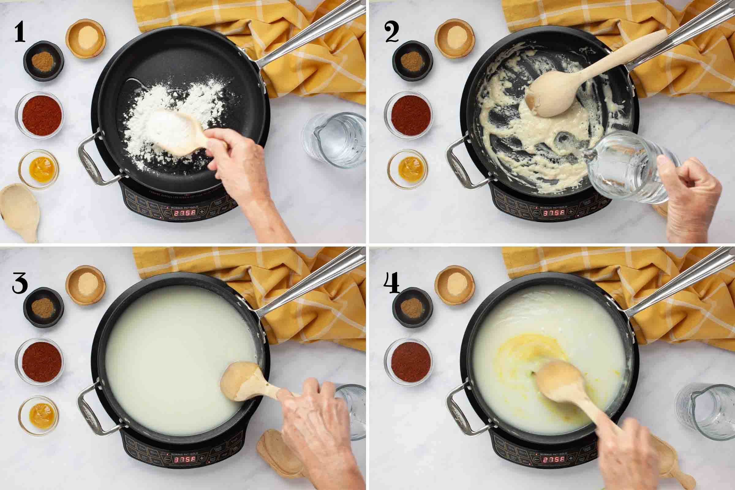 Composite image showing 4 photographs: 1- adding flour to oil in a large pan; 2 - adding water to the cooked roux; 3 - the resulting sauce; 4 - adding chicken base to the sauce.