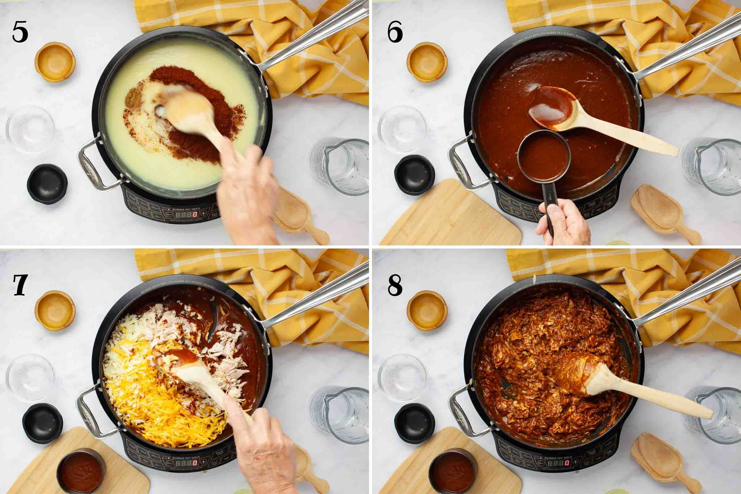 Composite image showing 4 photographs: 5- adding chili powder, cumin, and garlic salt to chicken base sauce; 6 - removing ½ cup of the sauce for topping; 7- adding shredded rotisserie chicken and shredded cheese to the sauce; 8- stirring the sauce until uniform.