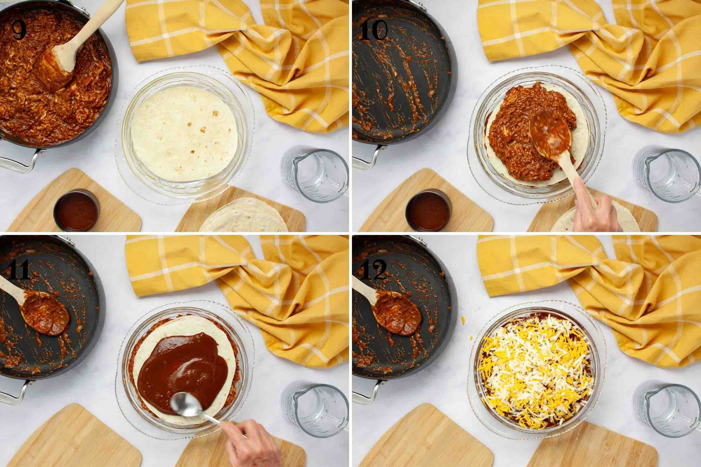 Composite image showing 4 photographs detailing the process of layering flour tortillas with sauce in a pie plate then topping with cheese.