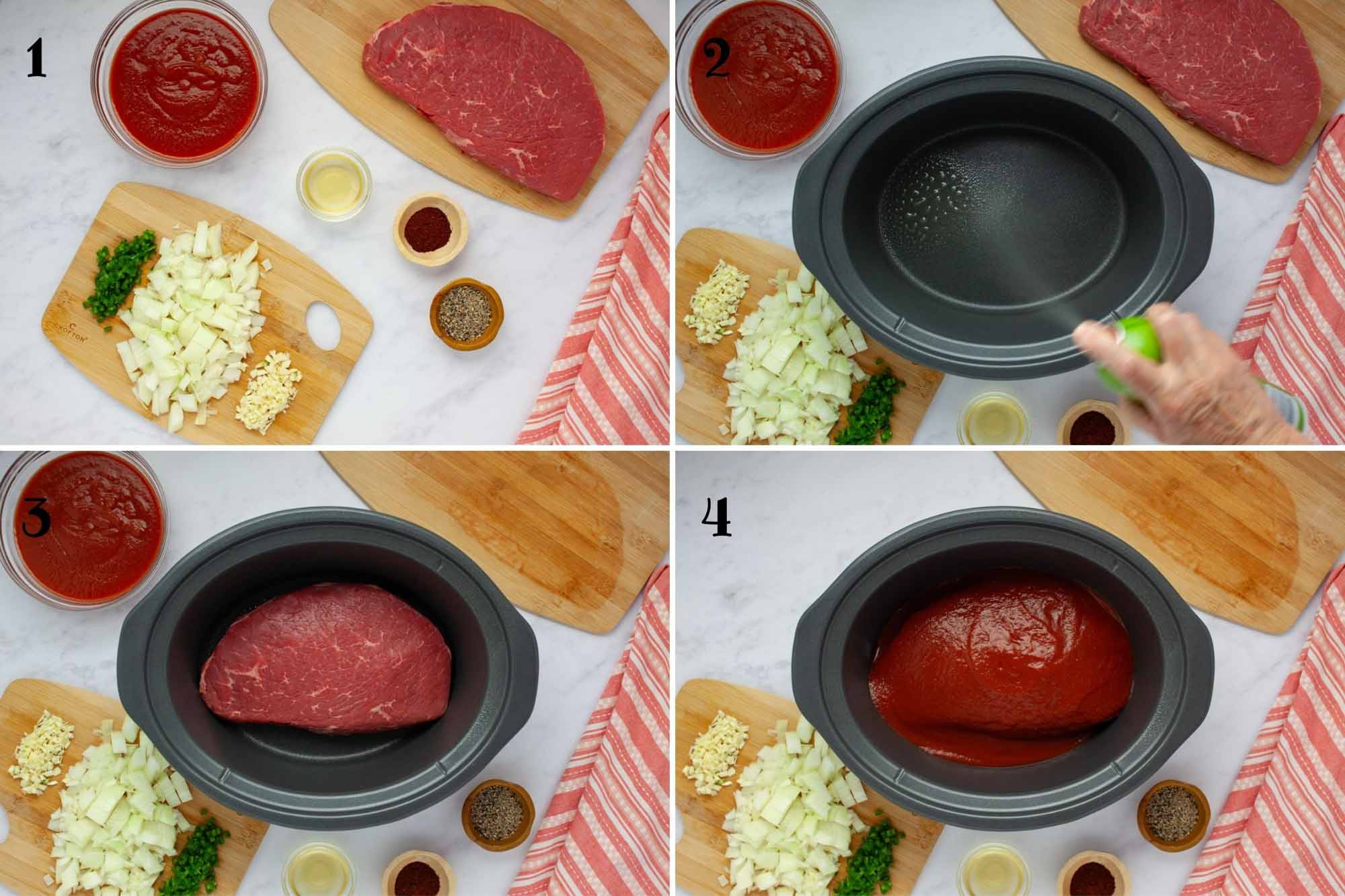 Composite image: 1- chopped onion, minced garlic, and chopped jalapeño on a cutting board beside seasonings, tomato sauce, and a raw London Broil roast; 2- spraying the inside of a slow cooker with non-stick spray; 3- the slow cooker with the London Broil added to it; 4- after topping the London Broil with tomato sauce.