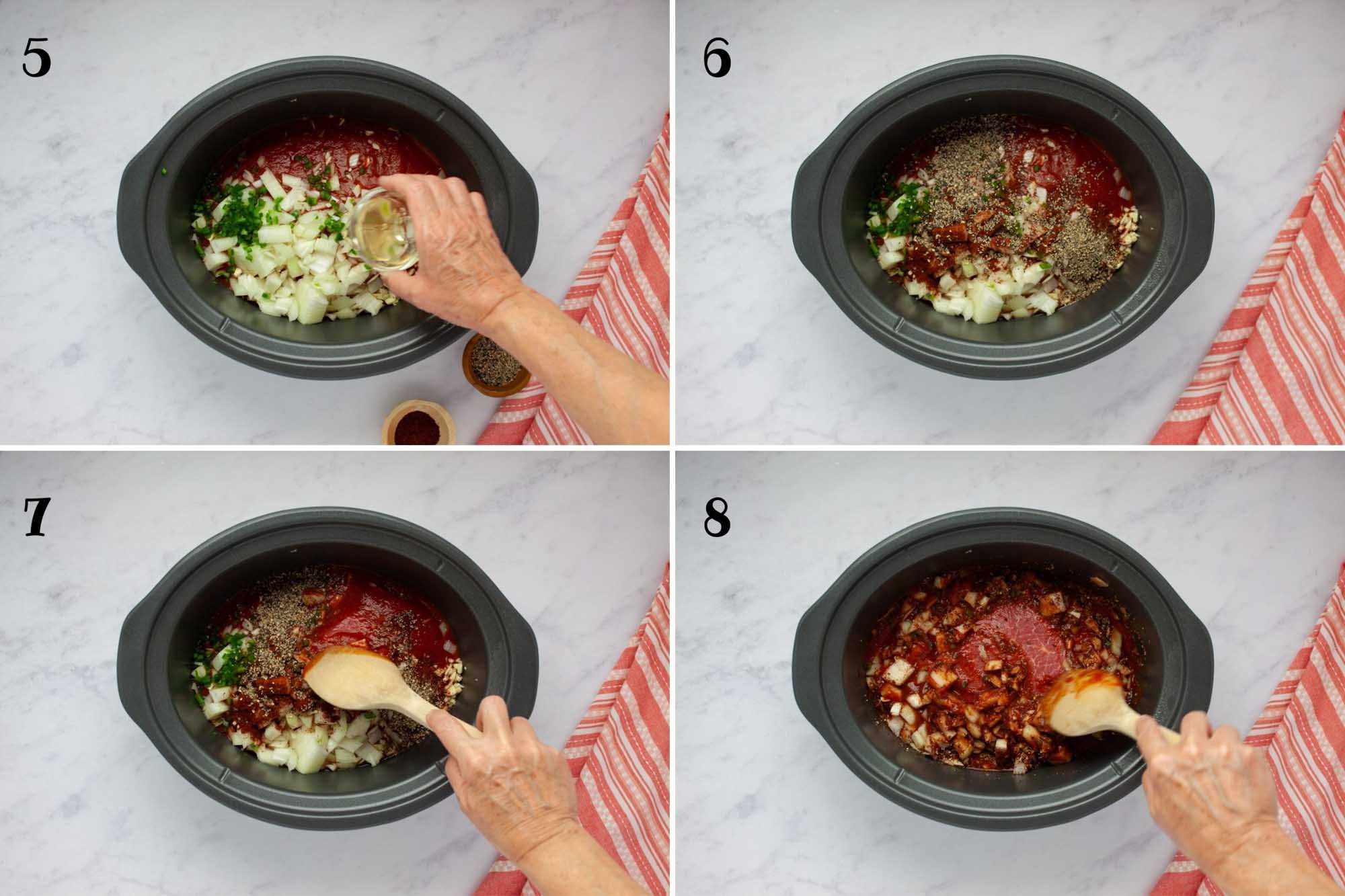 Composite image: 5- Slow cooker containing an uncooked London Broil roast topped with tomato sauce, chopped onion, chopped jalapeño, and minced garlic with apple cider vinegar being added; 6- after adding black pepper and chili powder; 7 & 8- stirring the mixture around the roast.