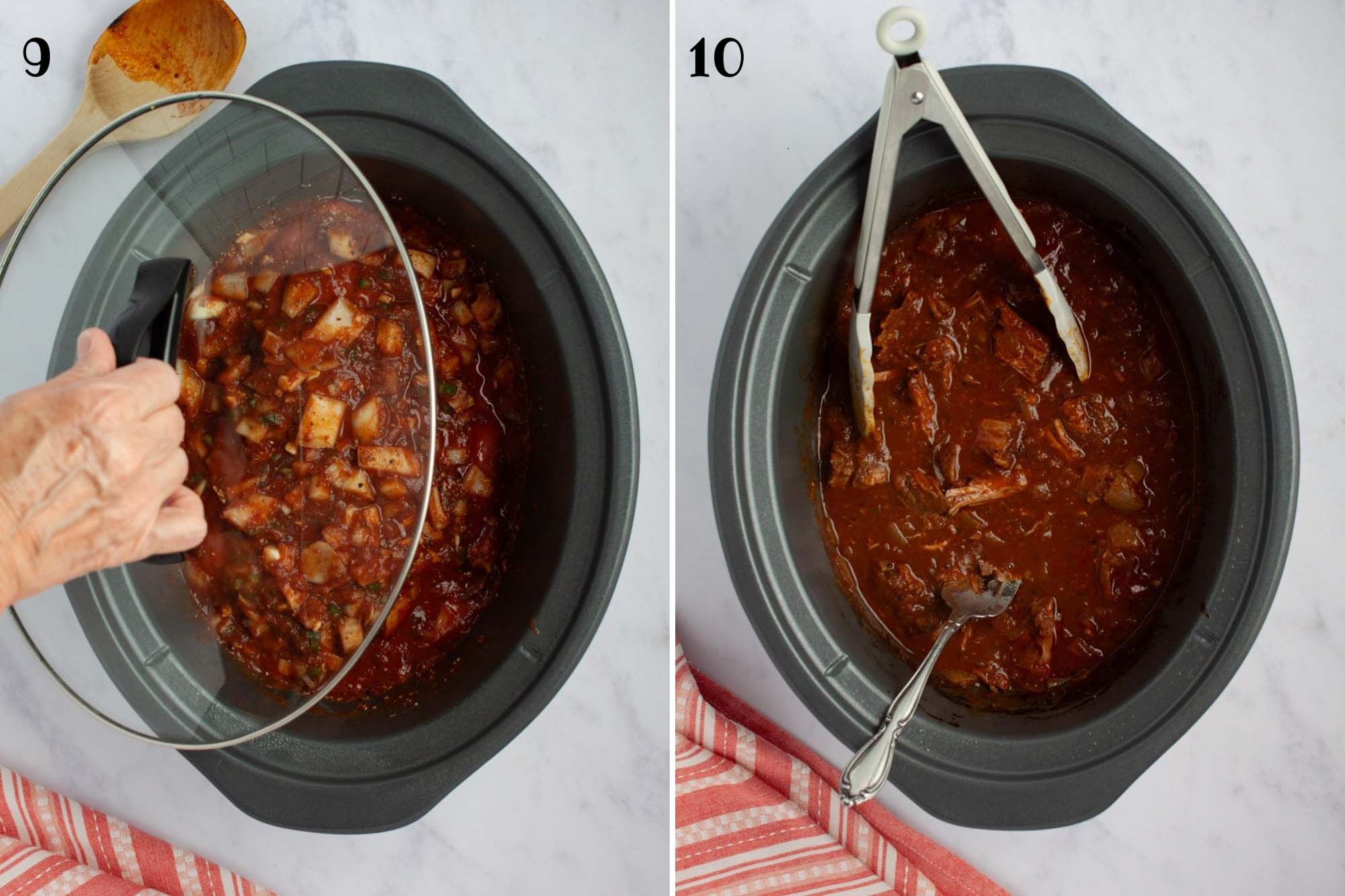 Composite image: 9 - putting a lid on a slow cooker with a roast and red sauce with chopped aromatics; 10- same roast in slow cooker after cooking and shredding the meat.