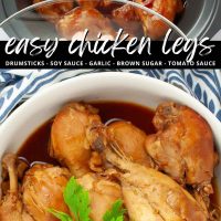 Composite image: photo of uncooked chicken legs in sauce in a slow cooker and photo of the finished dish garnished with parsley; text easy chicken legs: drumsticks, soy sauce, garlic, brown sugar, tomato sauce; slow cooker recipe.