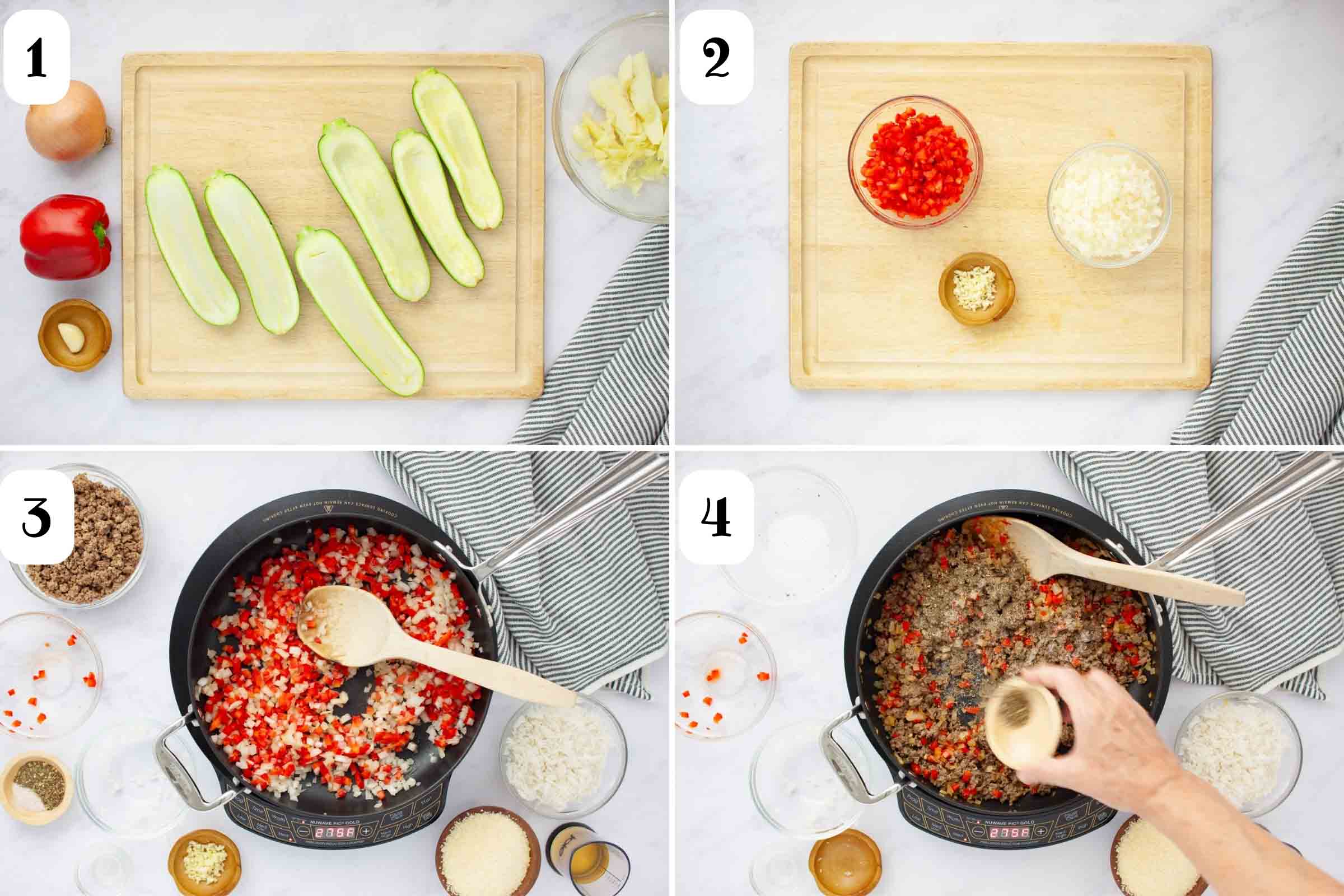 Composite image: 1 - zucchini on a cutting board in the process of being hollowed out; 2- chopped red bell pepper, onion, and garlic in bowls; 3- pan with chopped red bell pepper and onion being sautéed; 4- same pan after adding cooked ground beef and seasonings.