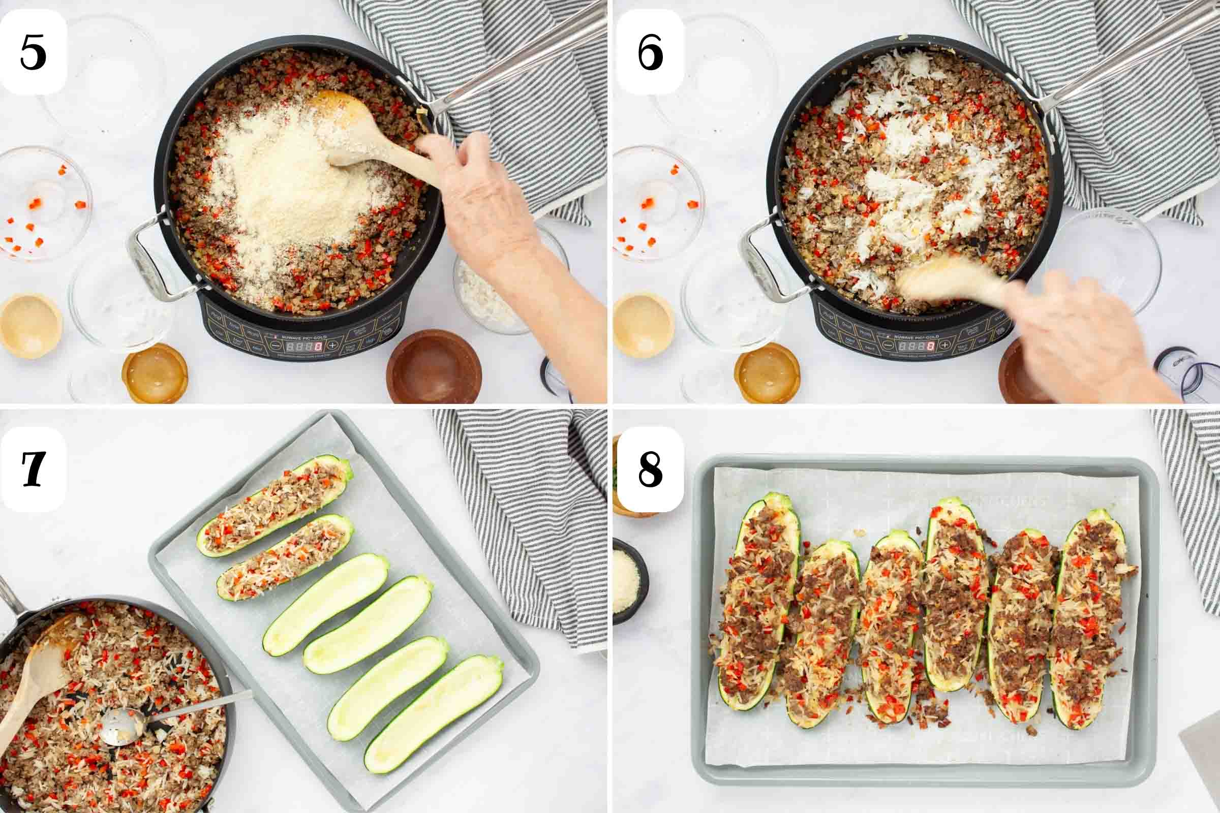 Composite image: 5- skillet with sautéed vegetables and ground beef with parmesan cheese added on top; 6- same pan after adding cooked rice; 7- same pan beside a baking sheet lined with parchment paper with hollowed out zucchini halves being stuffed with meat mixture; 8- the stuffed zucchini on the baking sheet after cooking.