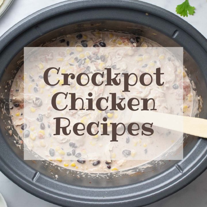 Text crockpot chicken recipes overlaying a crockpot full of cooked chicken in a creamy sauce.
