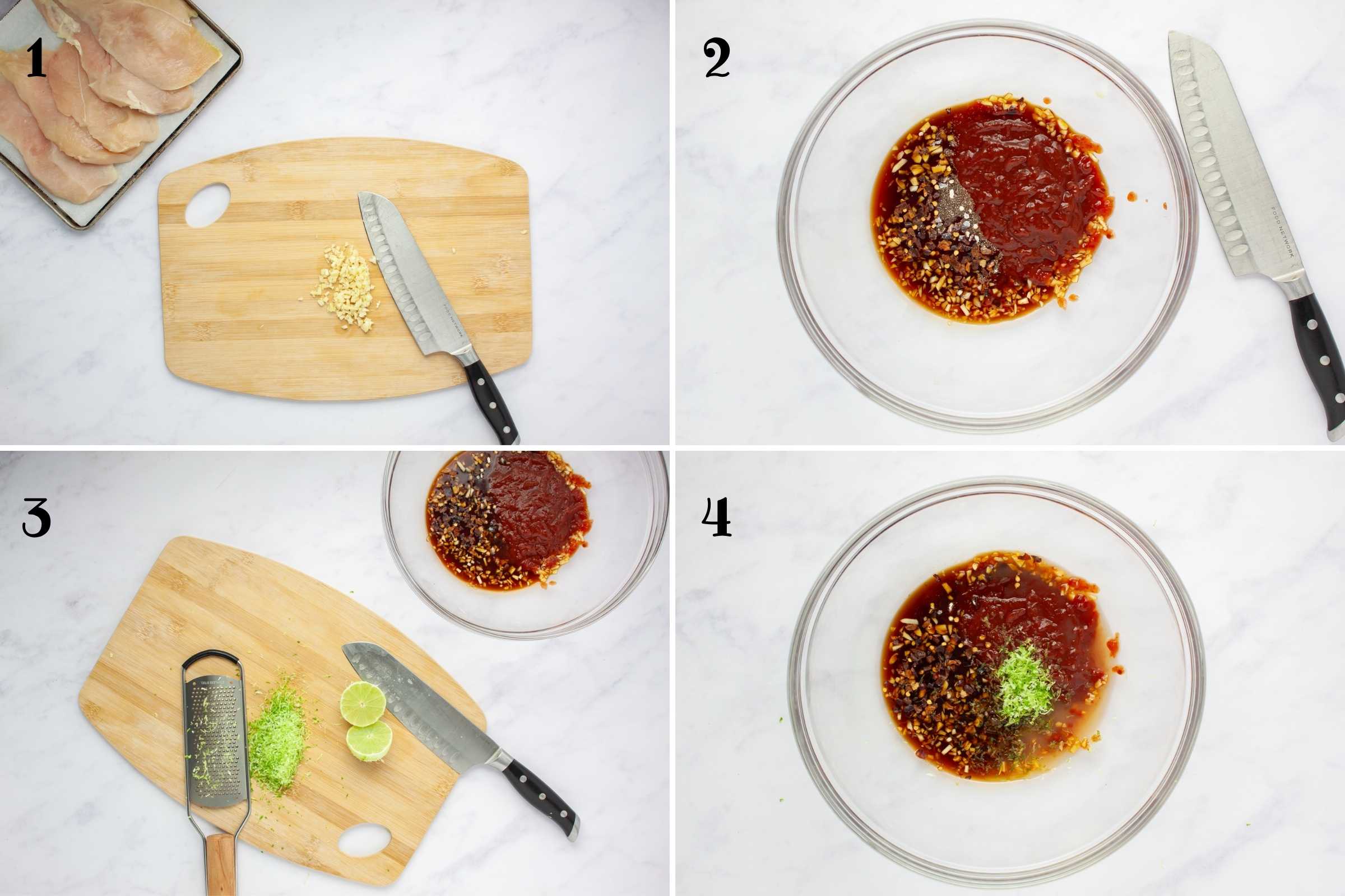Composite image: 1-cutting board with minced garlic beside boneless, skinless chicken breasts on a counter.; 2- bowl with soy sauce, minced garlic, garlic salt, chili sauce, and crushed red pepper; 4- same bowl after adding chili sauce beside a cutting board with a zested lime cut in half; 4- same bowl after adding half the lime zest and juice.