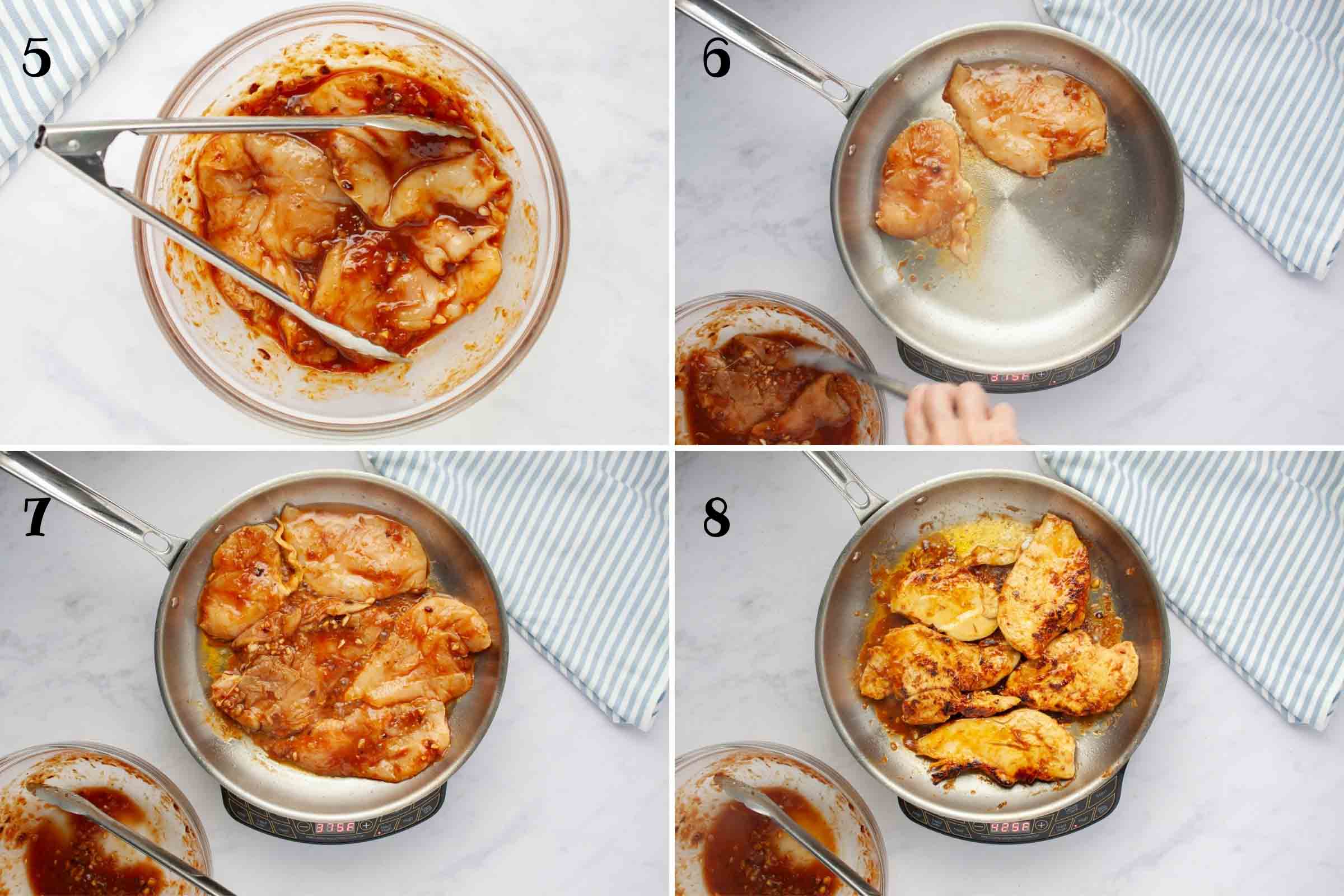 Composite image: 5- boneless skinless chicken breasts in a bowl with chili marinade; 6- same chicken breasts being added to a skillet with hot oil; 7- all chicken breasts cooking in the skillet; 8 - same chicken breasts in skillet after flipping.