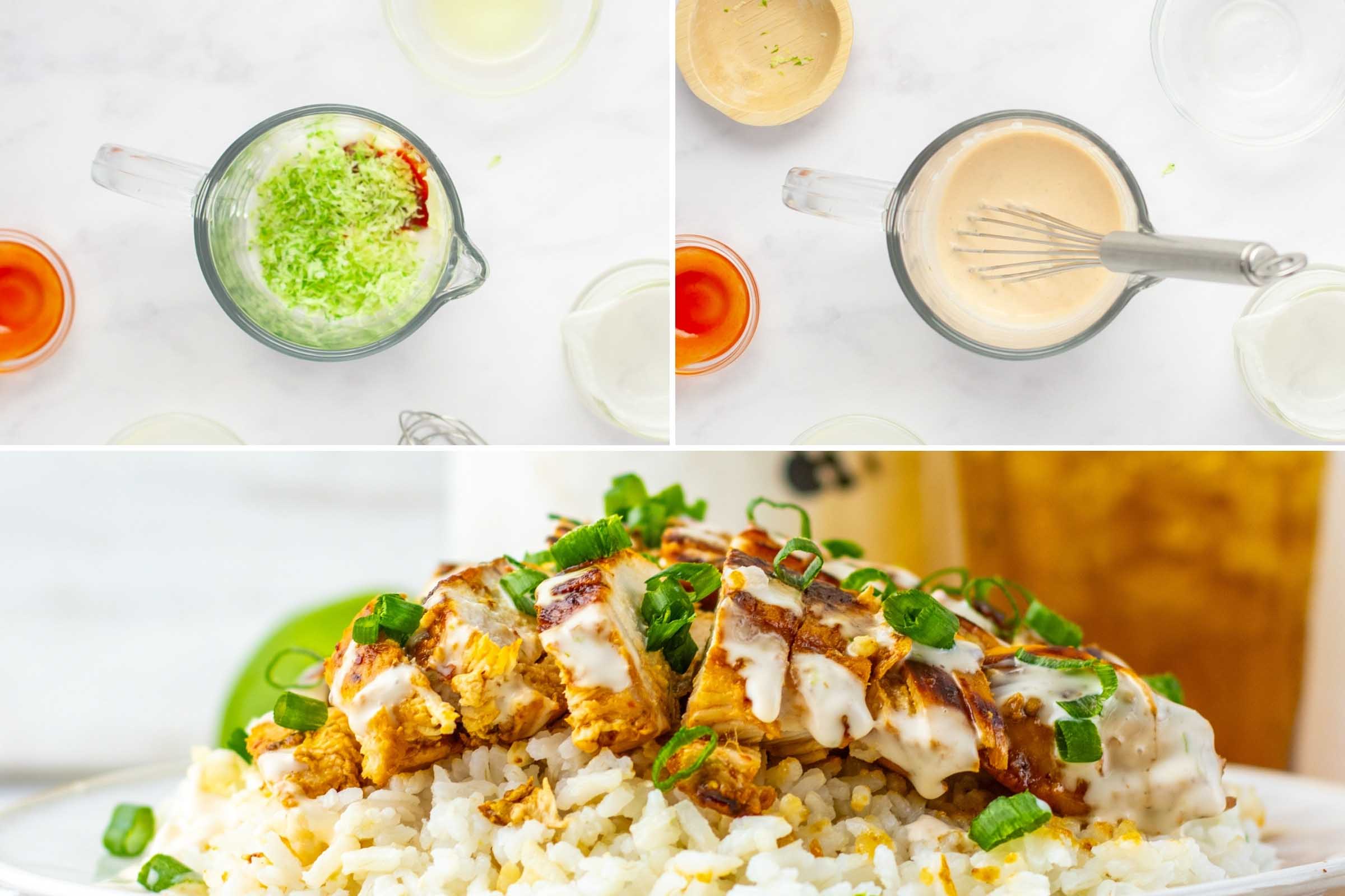 Composite image: measuring cup with coconut milk, lime juice, sriracha sauce, and lemon zest; same sauce after whisking; plated Chicken breast over rice drizzled with sauce and garnished with green onions beside a glass of iced tea and two limes.