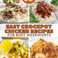Composite image of 4 chicken dishes with text 10 Easy crockpot chicken recipes for busy weeknights.
