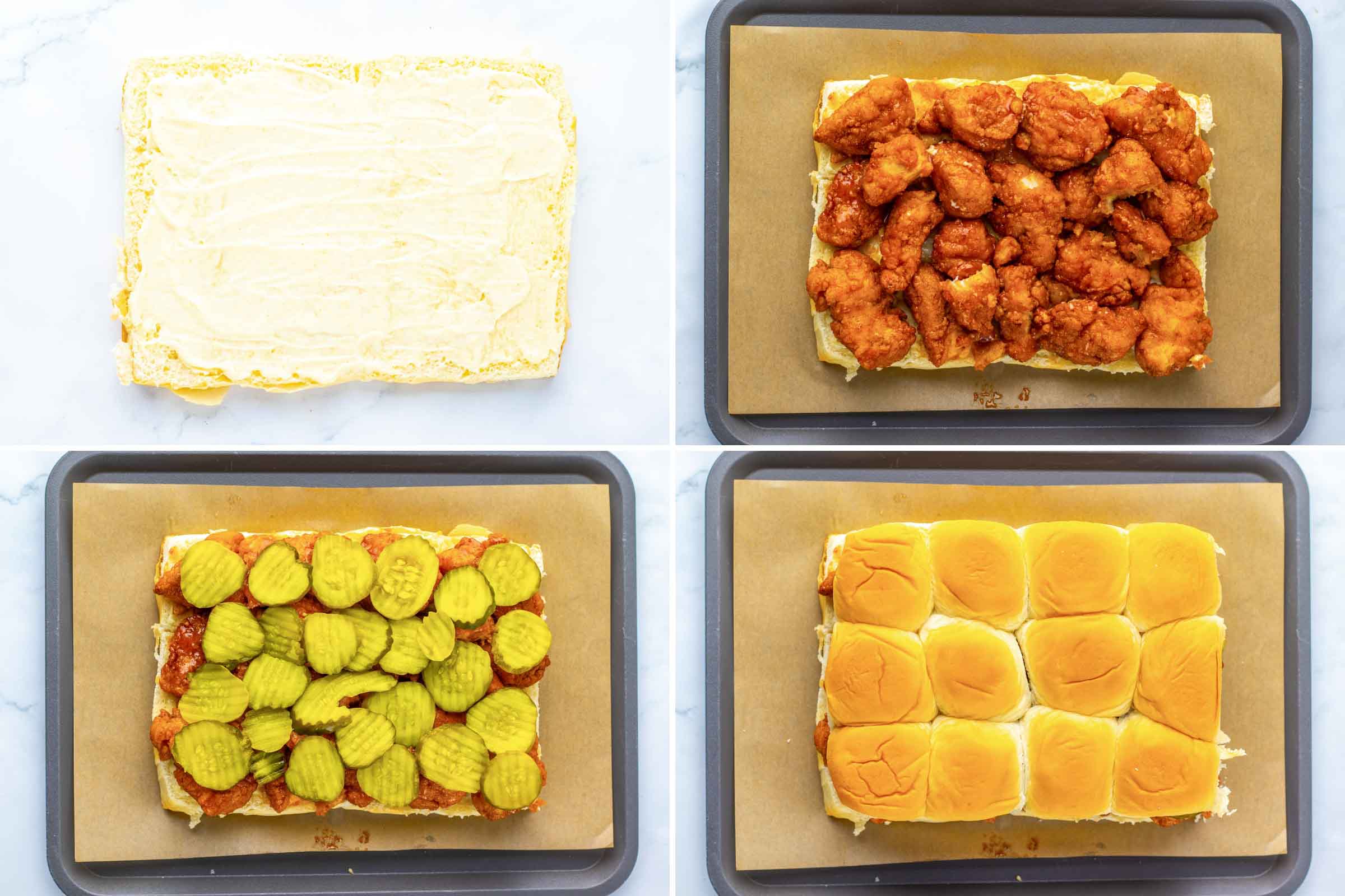 Composite image: 1- hawaiian rolls cut in half with garlic mayonnaise spread on the bottom half; 2- chicken in hot honey sauce piled on the bottom half of the rolls; 3-sliced pickles on top of the chicken; 4- the top half of the rolls put on top of the sliders.
