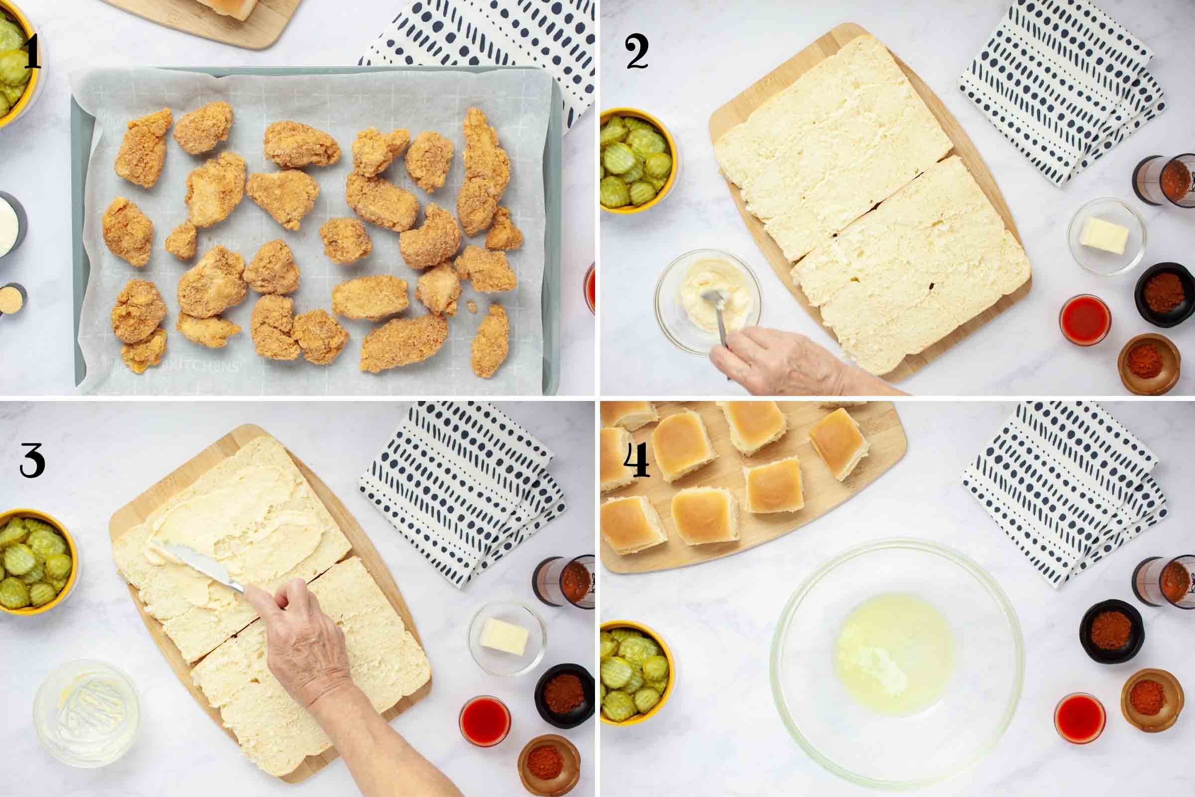 Composite image: 1- frozen chicken bites on a baking sheet; 2- stirring mayonnaise and garlic powder together; 3- spreading the spiced mayo on Hawaiian bread; 4-melted butter in a large bowl.
