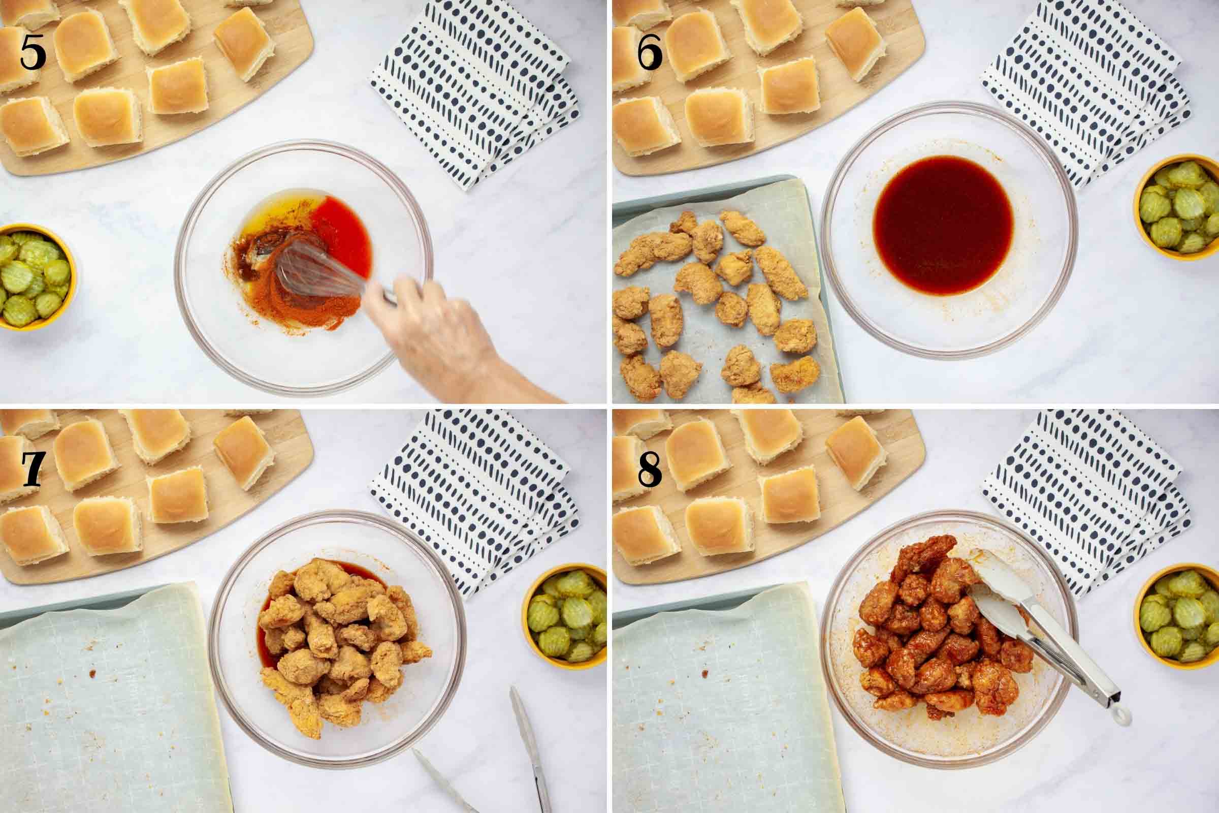 Composite image: 5-mixing spices with melted butter and honey; 6- the bowl of seasoned butter beside a pan of cooked chicken bites; 7 - the chicken bites in the bowl with the hot honey butter; 8 - the chicken bites coated in the hot honey butter mixture.