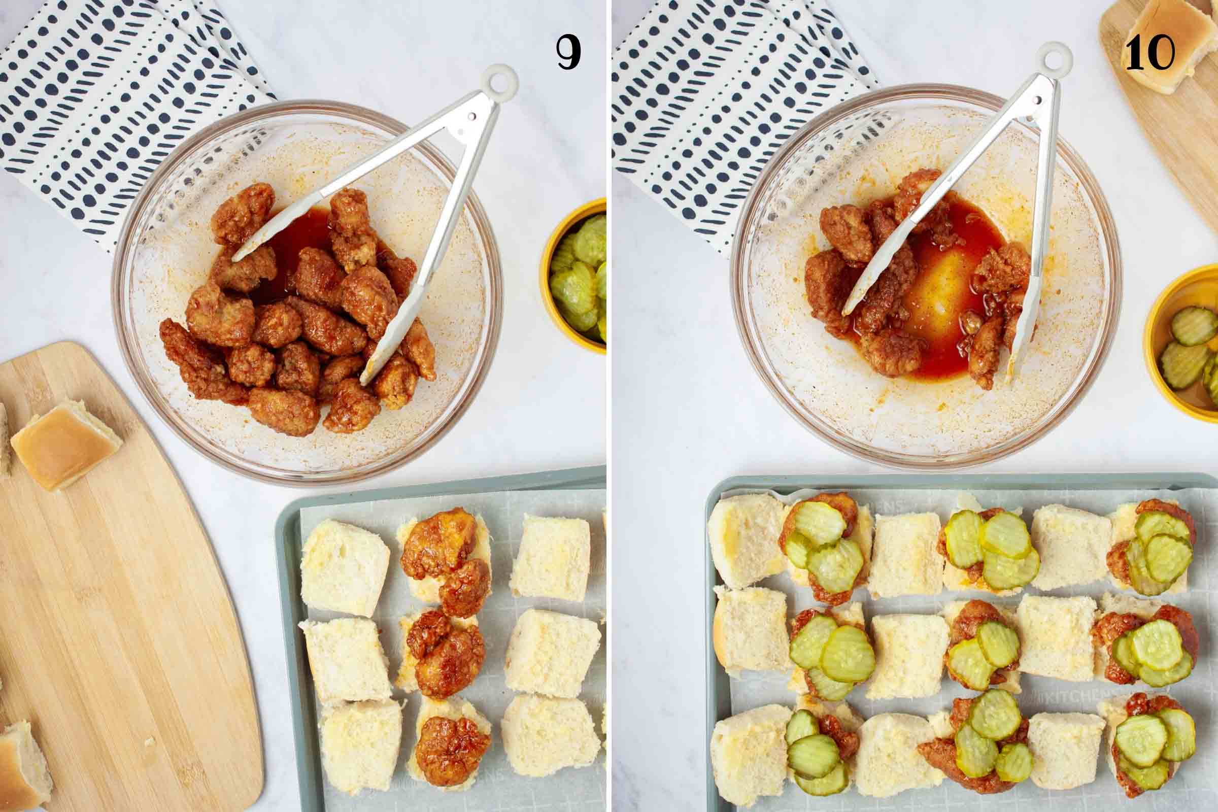 Composite image: 9- placing coated chicken bites on Hawaiian bread spread with spiced mayo; 10- topping the chicken pieces with pickle slices.