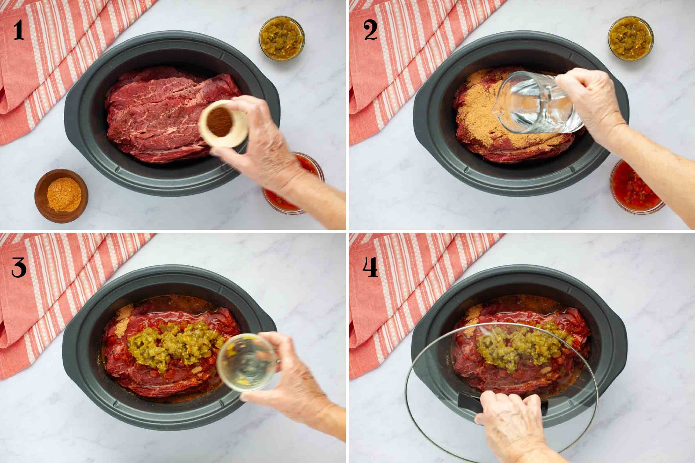 Composite image: 1-chuck roast in a slow cooker with beef bouillon granules being added; 2-same after adding taco seasoning and water being added; 3- same after adding Rotel and green chiles; 4- covering the slow cooker with the lid.