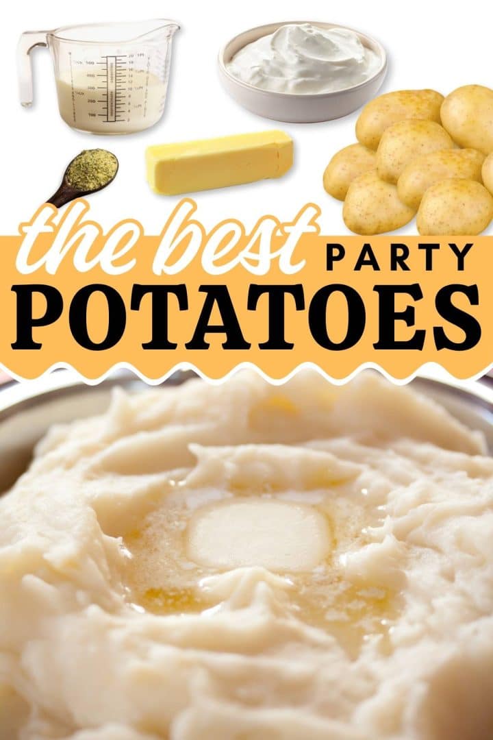 Composite image: Mashed Potatoes with a pat of melting butter; ingredients: yukon gold potatoes, sour cream, butter, milk, adobo seasoning with text The Best party potatoes.