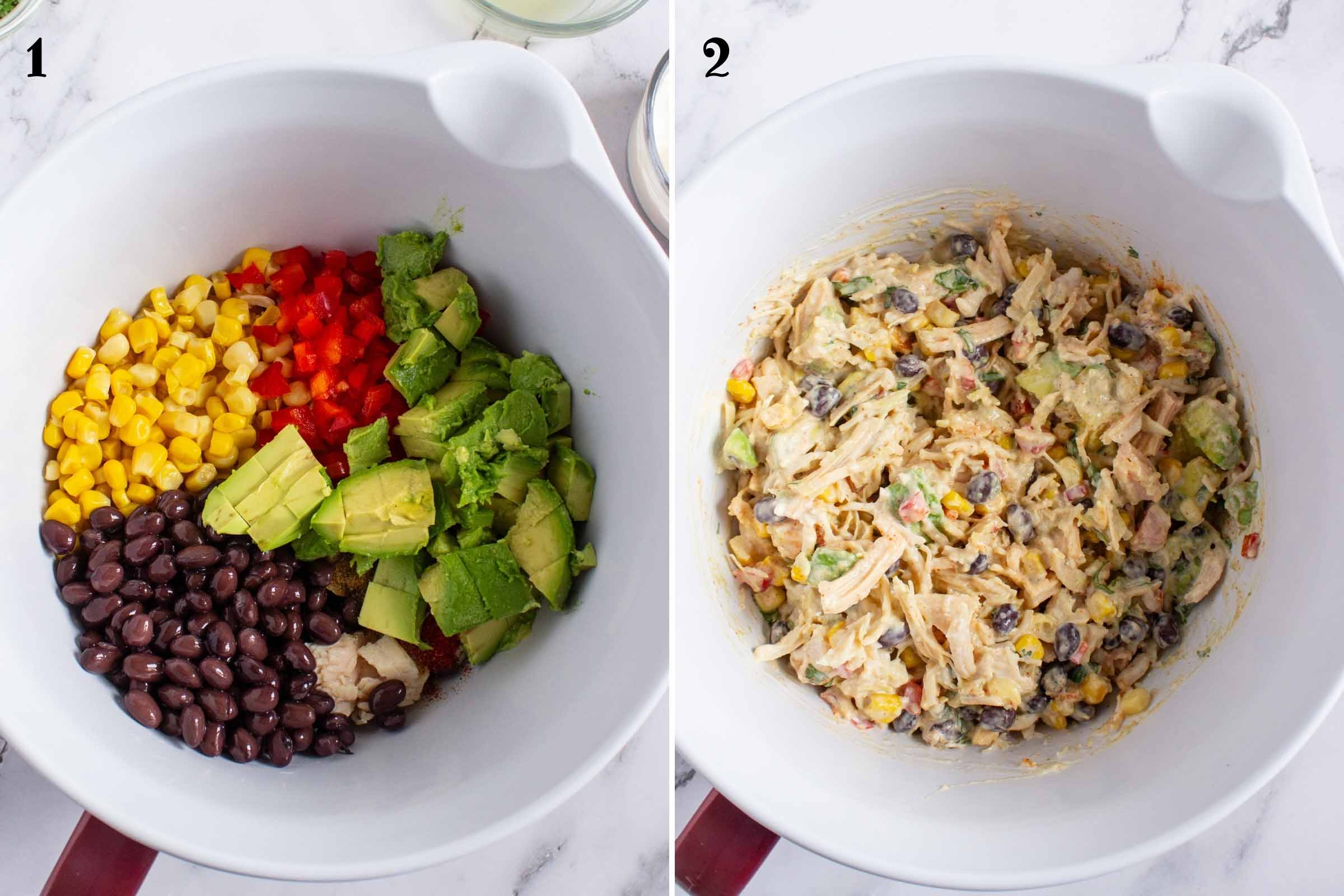 Composite image: 1- bowl with black beans, corn, diced red pepper, shredded chicken, and avocado; 2- same bowl after adding a creamy dressing with a reddish tint to the mixed ingredients.