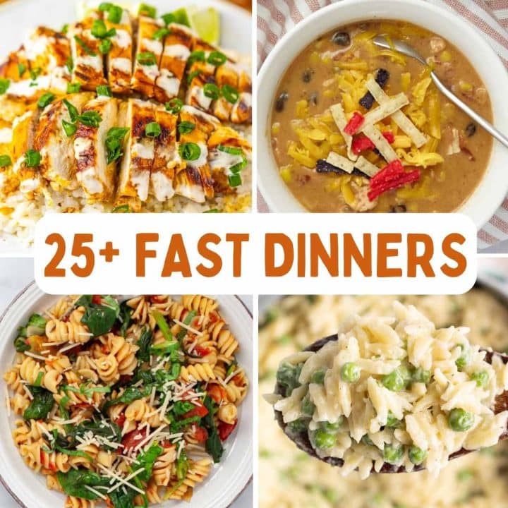Collage of 4 recipe images with text 25+ fast dinners.