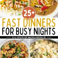 Collage of 4 recipe images with text 25+ fast dinners for busy nights.