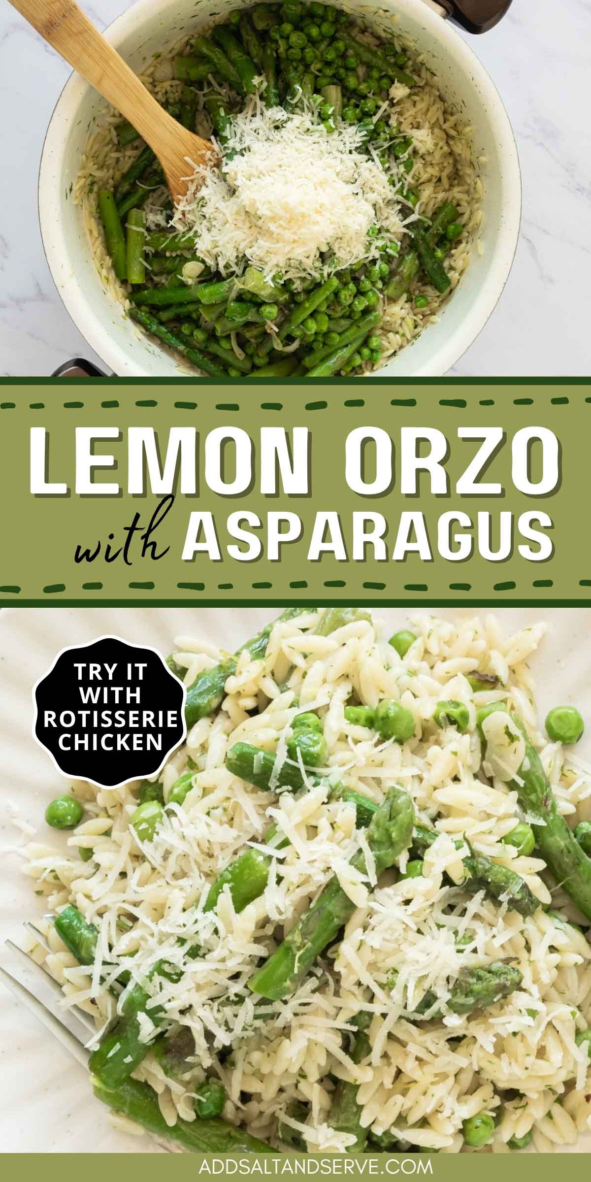 Composite image with a Dutch oven with cooked orzo, pieces of asparagus, peas, and Parmesan cheese before mixing; Plate of orzo with peas and asparagus garnished with grated Parmesan cheese with text Lemon orzo with asparagus - try it with rotisserie chicken.