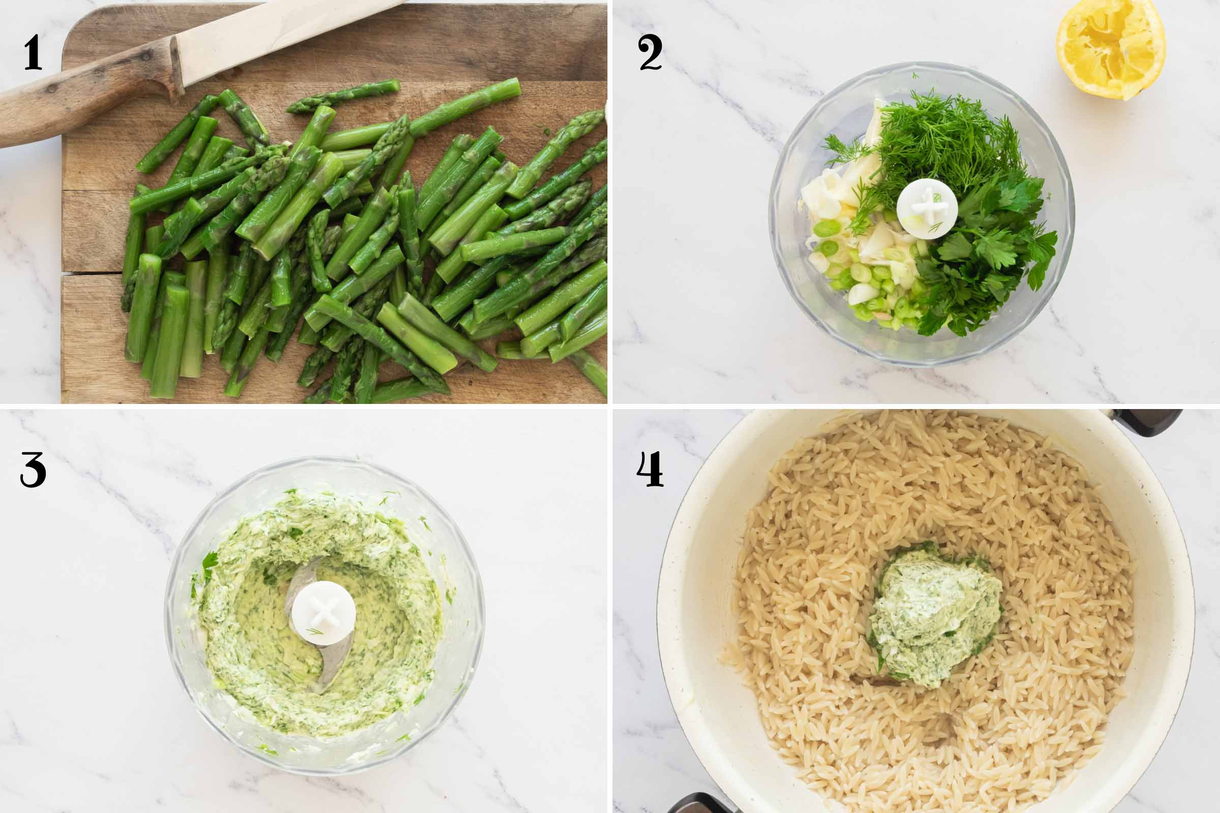 Composite image: 1- pieces of chopped asparagus on a cutting board; 2- herbs, green onions, butter, and lemon juice in a food processor; 3- butter mixture in food processor after blending; 4- pot of cooked orzo with the butter mixture added.