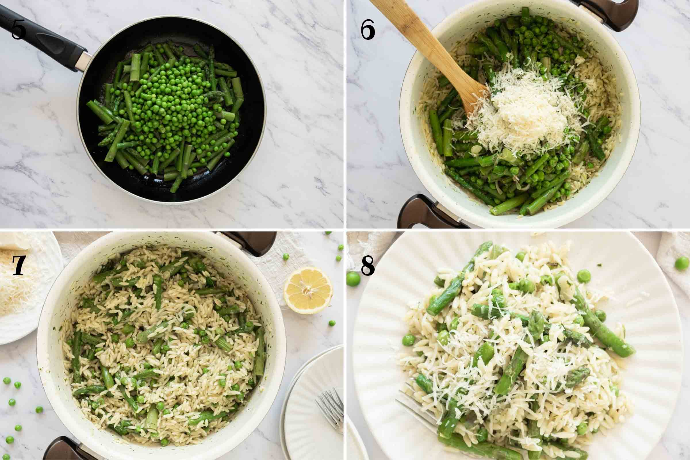 Composite image: 5- skillet with pieces of chopped asparagus and peas; 6-Dutch oven with cooked orzo, butter sauce, pieces of asparagus, peas, and grated Parmesan cheese before mixing; 7- contents of Dutch oven after mixing; 8- plate of lemon orzo with asparagus and peas garnished with grated parmesan cheese.