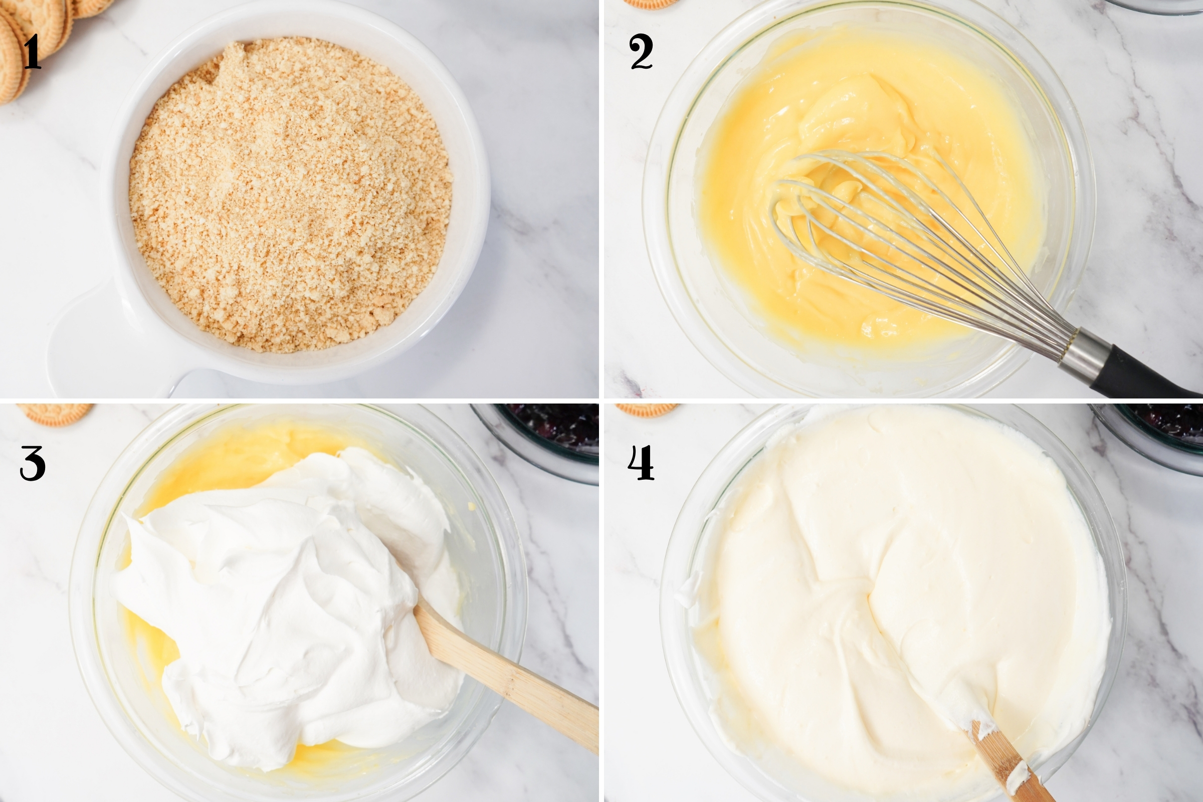 Composite image: 1-crushed cookie crumbs; 2- vanilla pudding in a bowl with a whisk; 3- adding thawed whipped topping to the pudding; 4- after mixing.