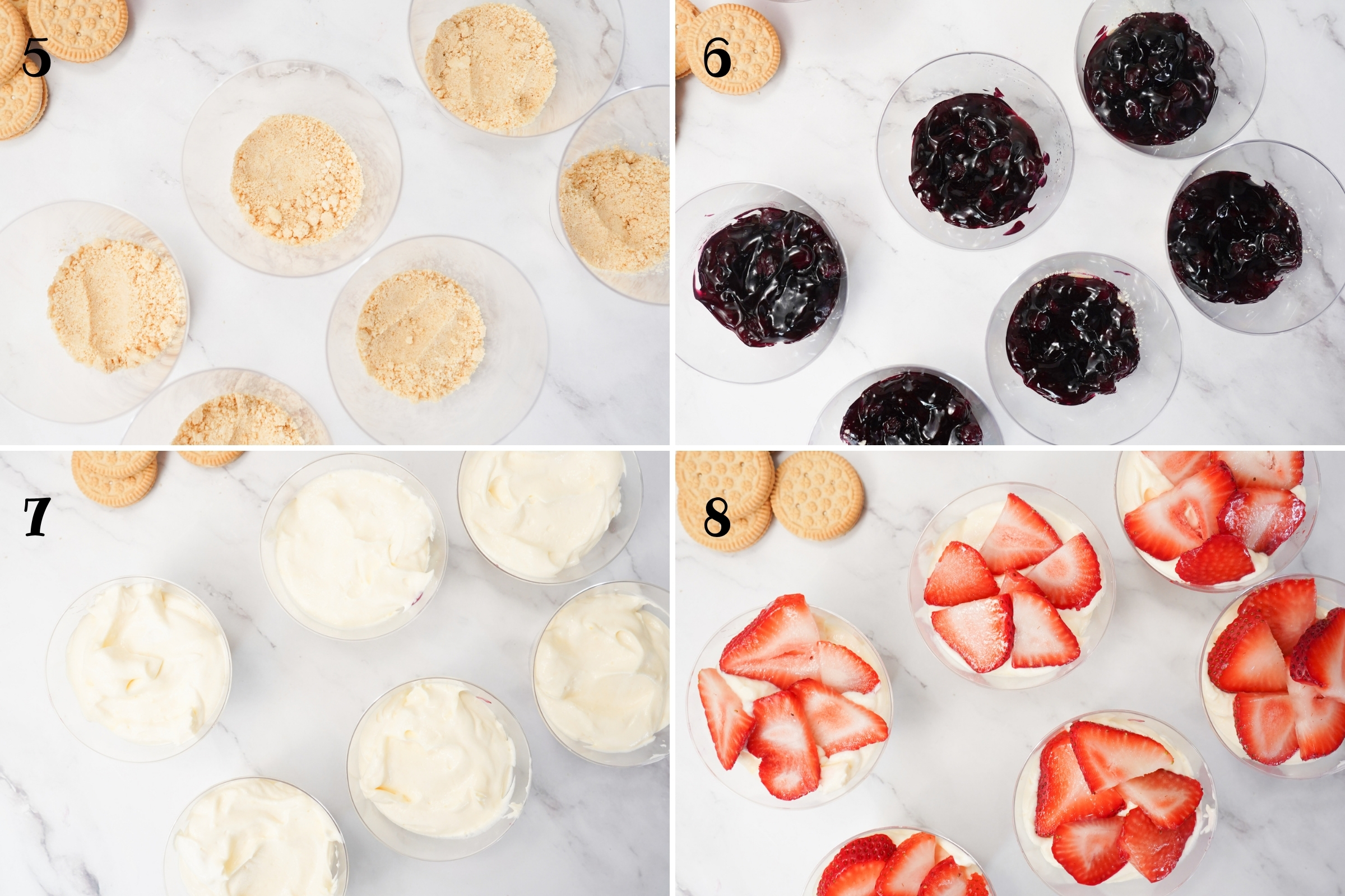 Composite image: 5- parfait cups with crushed cookie crumbs in the bottom; 6- after adding blueberry pie filling; 7- after adding pudding mixture; 8- after adding sliced strawberries.
