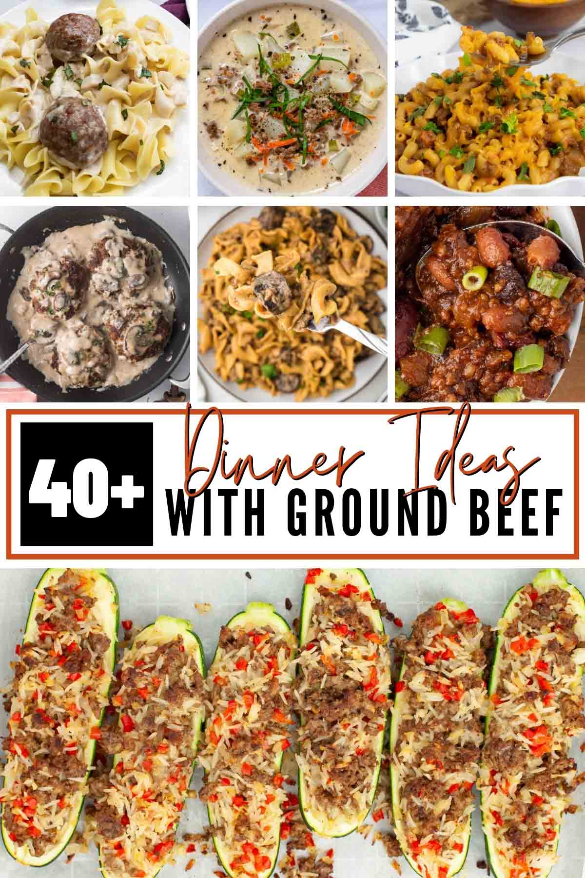 Composite image with photos of recipes featuring ground beef and text 40+ dinner ideas with ground beef.