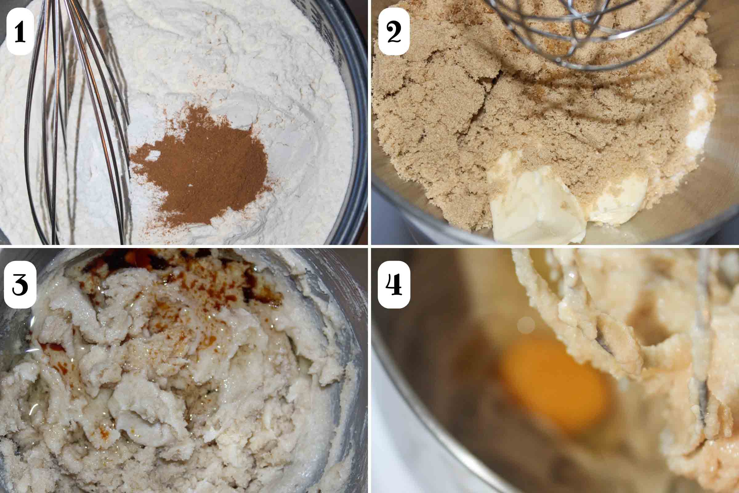 Composite image: 1- cinnamon, baking powder & baking soda in a bowl of flour; 2- butter and light brown sugar in a mixing bowl; 3- creamed butter and sugar with added oil and vanilla extract; 4- the same bowl after adding an egg.